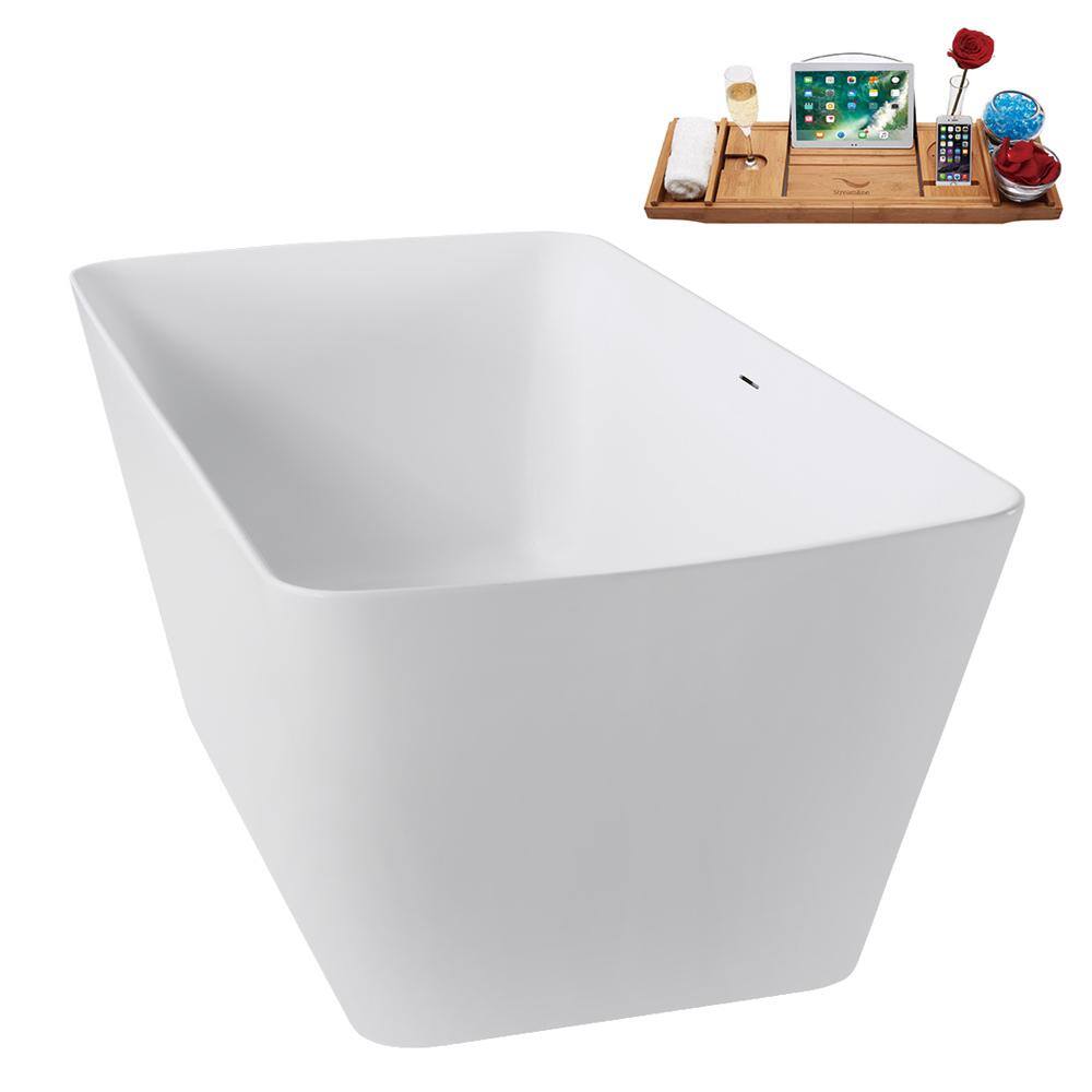 59" Glossy White Acrylic Freestanding Tub with Brushed Gold Trim