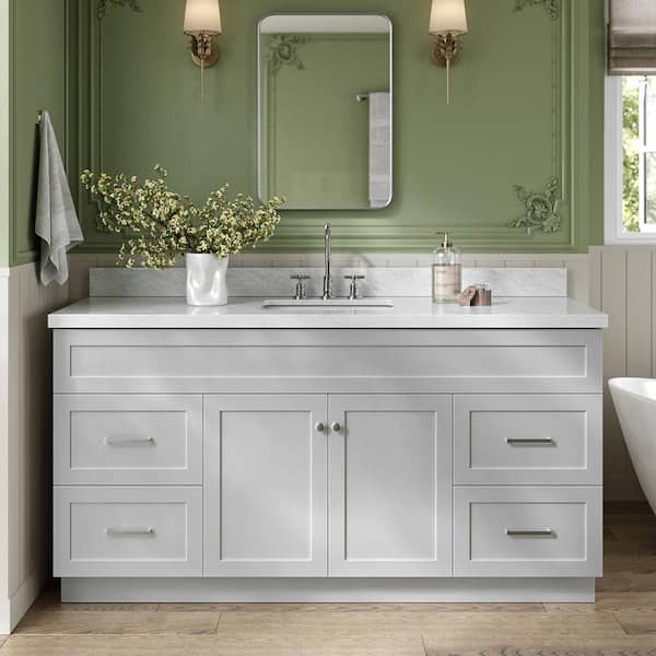 ARIEL Hamlet 67 in. W x 22 in. D x 36 Single Sink Freestanding Bath Vanity in Grey with Carrara White Marble Top