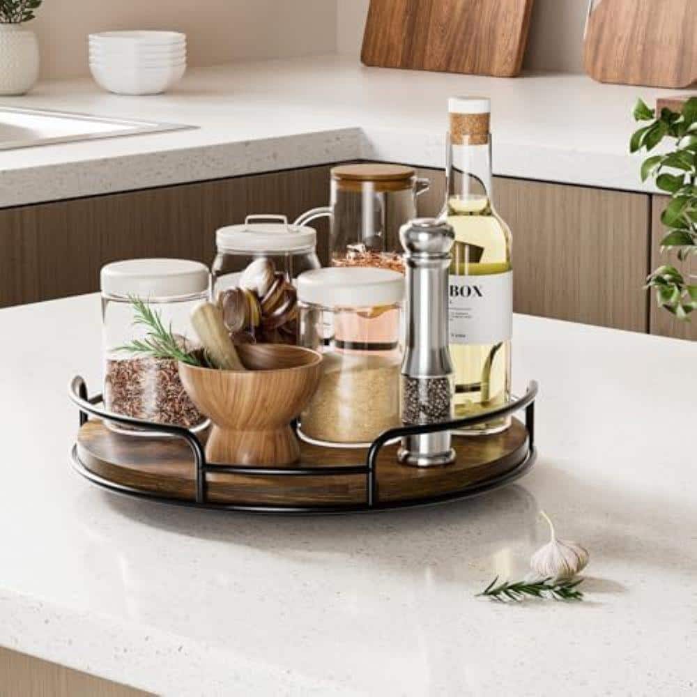 JFVKAF 2-Tier Wooden Lazy Susan Organizer Set Natural Finish 360