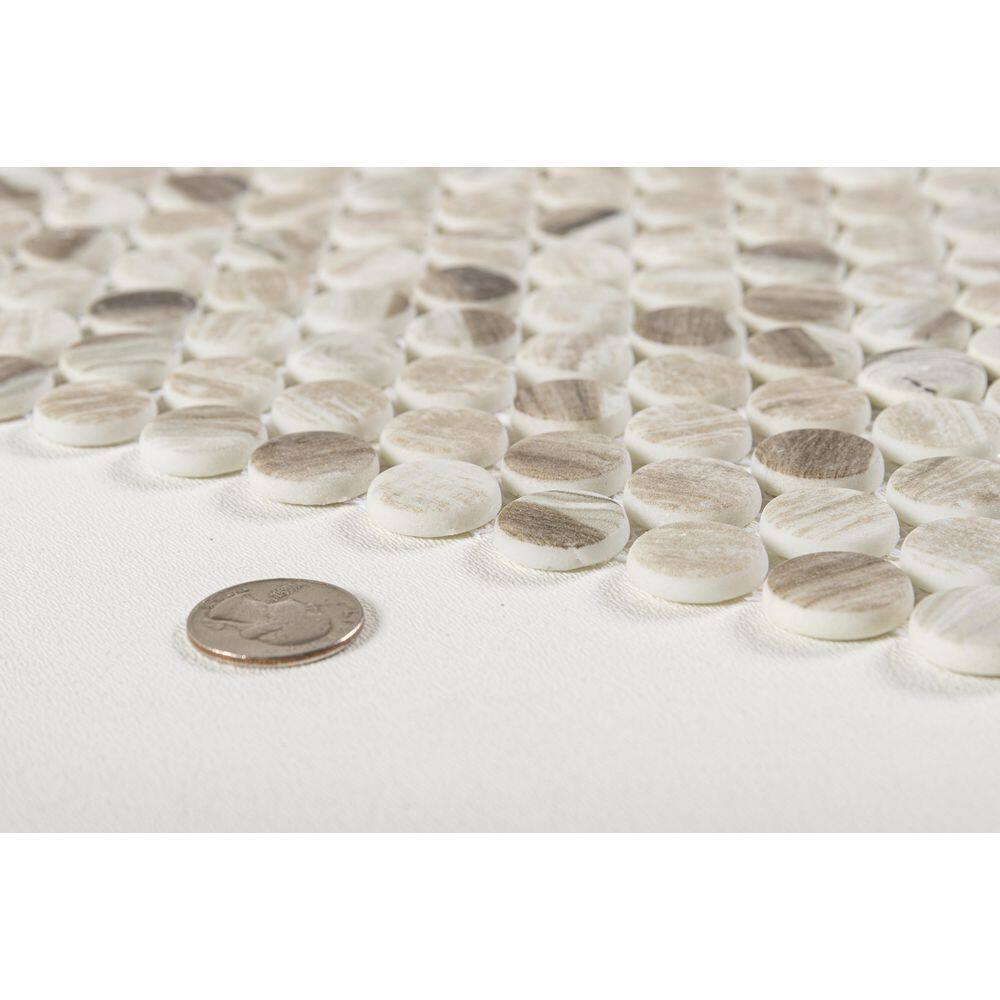 Josen Tan and Brown Glass Penny Round Mosaic Tile Sample