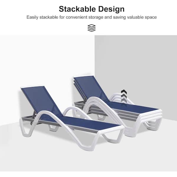Patio Chair Set Plastic Outdoor Chaise Lounge Chairs with Table for Outside Beach in-Pool Lawn Poolside, Navy Blue