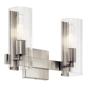 Jemsa 13.75 in. 2-Light Brushed Nickel Soft Modern Bathroom Vanity Light with Clear Fluted Glass