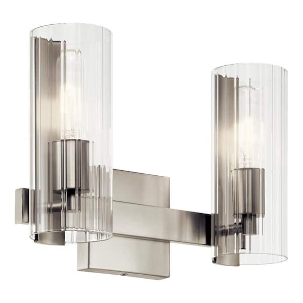 KICHLER Jemsa 13.75 in. 2-Light Brushed Nickel Soft Modern Bathroom Vanity Light with Clear Fluted Glass