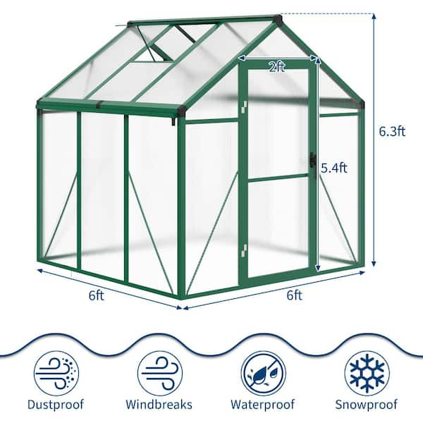 homfan 6x6 FT Walk-in Greenhouse, PC Panels, Aluminum Frame