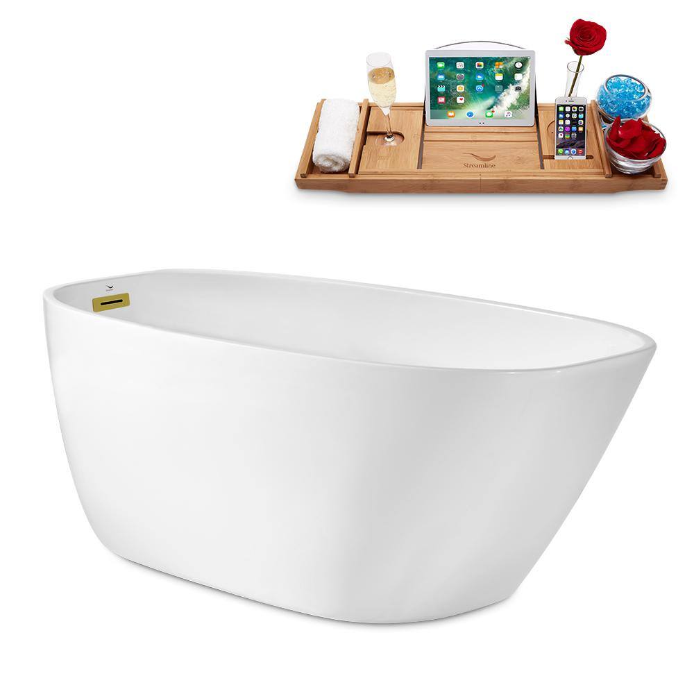 63" Glossy White Acrylic Freestanding Slipper Bathtub with Polished Gold Trim