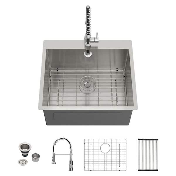 25 in. D x 22 in. W 24.7 Gallons Drop-in Laundry/Utility Sink Brushed with Powerful Spray Pull Down Faucet
