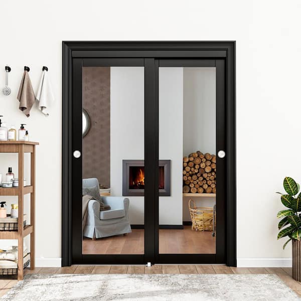 60 in. x 80 in. 1 Lite Mirror Glass Black Finished MDF Interior Closet Sliding Door with Hardware and Handles