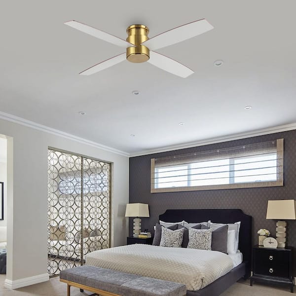 44 in. Flush Mount DC Gold and Black/White Indoor Ceiling Fan without Lights, 4-Reversible Blades