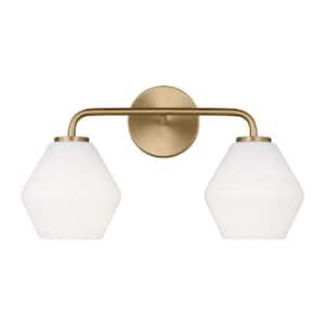 Jett 17 in. 2-Light Satin Brass Bathroom Vanity Light with Milk Glass Shades