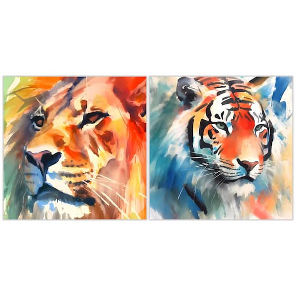 Empire Art Direct Regal Strength I and II Lion, Tiger Free Floating Reverse Unframed Printed Tempered Art Glass Wall Art 38 in. x 38 in.