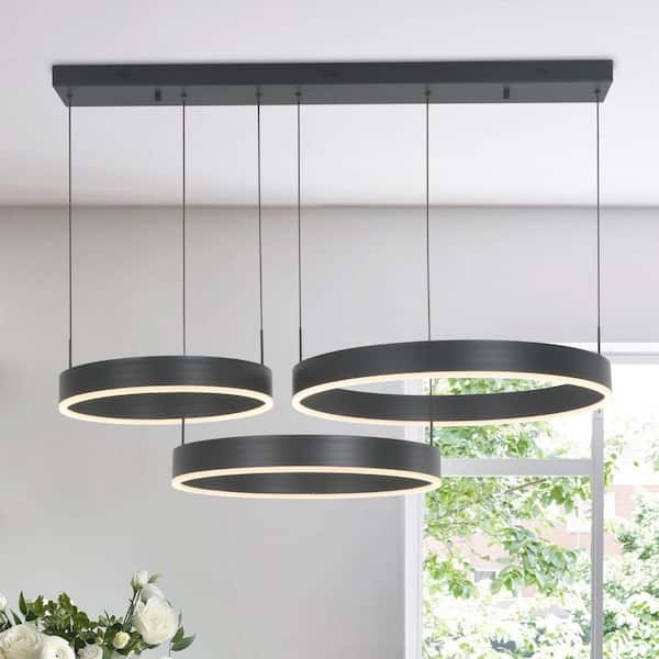 3 Lights 39.4 in. Black Modern LED Chandelier for Living Room Kitchen Island with 3000K Warm Light