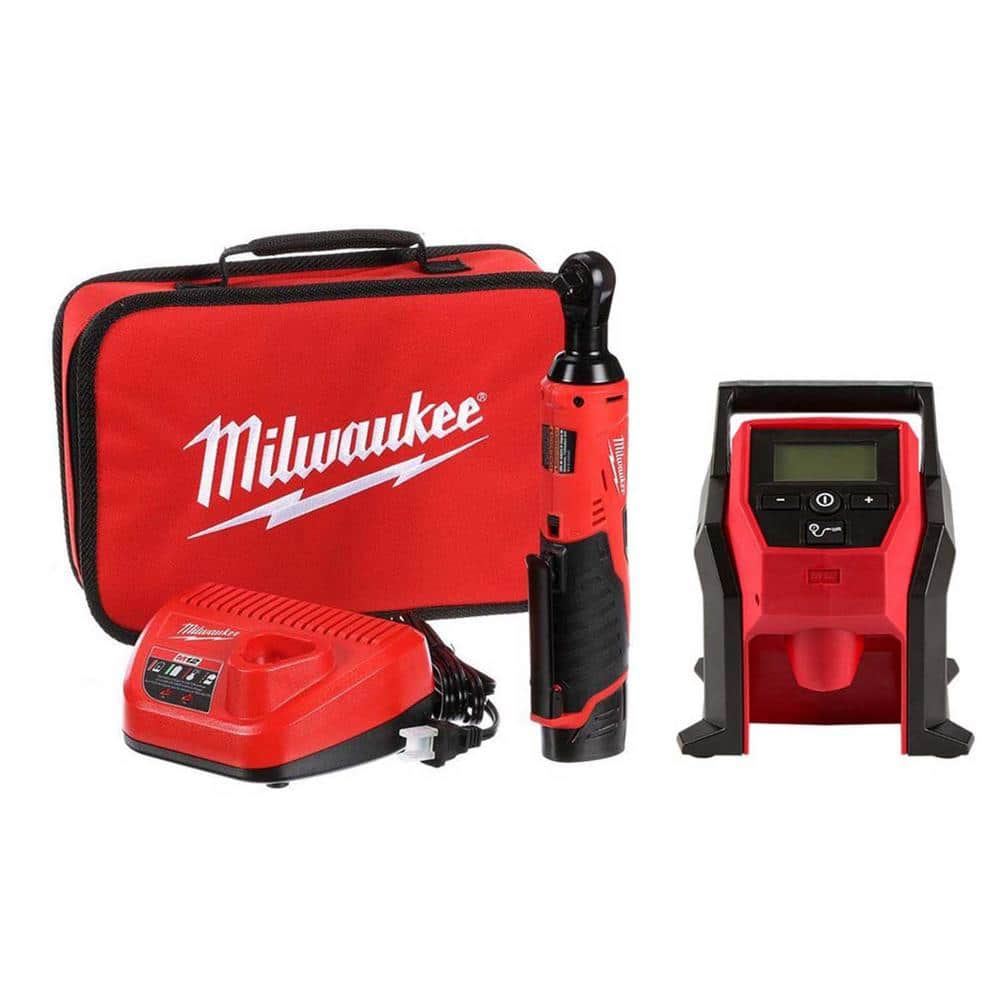 M12 12-Volt Lithium-Ion Cordless 3/8 in. Ratchet and Inflator Combo Kit (2-Tool) with (1) Battery and Charger -  Milwaukee, 2457-21-2475-20