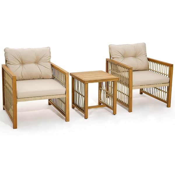 Gymax 3-Pieces Patio Acacia Wood PE Wicker Furniture Set with Soft Seat and Back Cushions