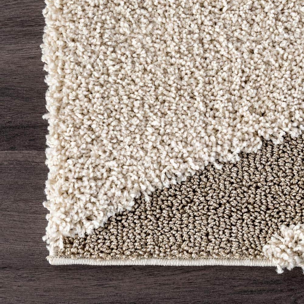 Cream and Beige Abstract Round Shag Rug, 4'0"