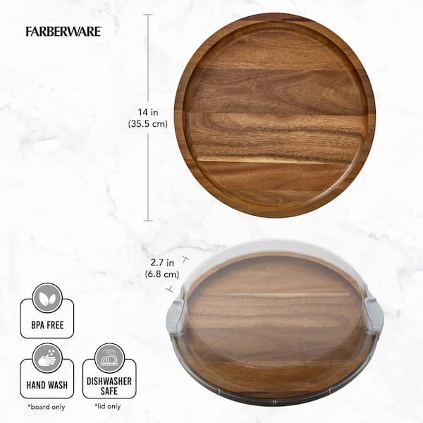 Farberware 14-in Round Build-a-Board Acacia Cutting Board with Single Compartment and Clear Locking Lid, White 5317655