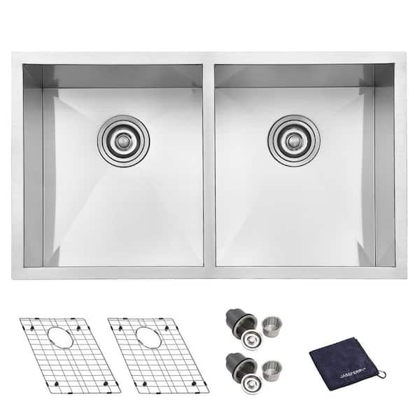JASSFERRY Handcrafted 16 Gauge Stainless Steel 31 in. Double Bowl Zero Radius Undermount Kitchen Sink with Bottom Grid