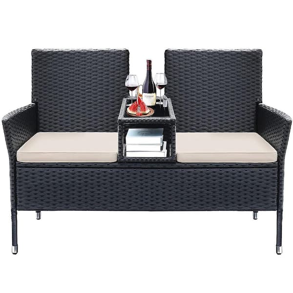 Tozey Modern Black 2-Person Rattan Wicker Patio Outdoor Loveseat with Beige Cushions
