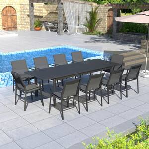 Black 11-Piece Aluminum Rectangle Outdoor Dining Table Set with Extension