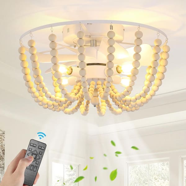 pasentel 20 in. Smart Indoor White Farmhouse Boho Cage 4-Light Ceiling Fan with Light Kit and Remote Control