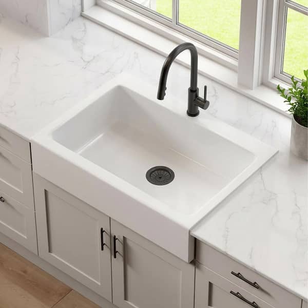 Parker 34 in. 1-Hole Quick-Fit Farmhouse/Apron-Front Drop-In Single Bowl Crisp White Fireclay Kitchen Sink