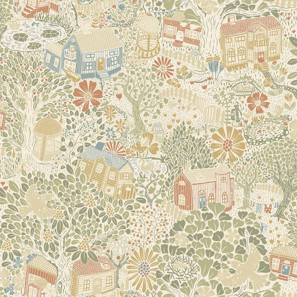 A-Street Prints Green Bygga Bo Neutral Woodland Village Paper Non-Pasted Non-Woven Matte Wallpaper