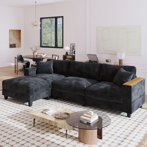 Kim 114.56 in. Corduroy Upholstery L-Shaped Sectional Sofa in. Black with Hidden Storage, Reversible Chaise, Pillows