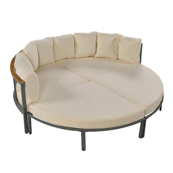 Sudzendf 4-Piece Gray Metal Outdoor Sectional Set, Round Conversation Set with Beige Cushions
