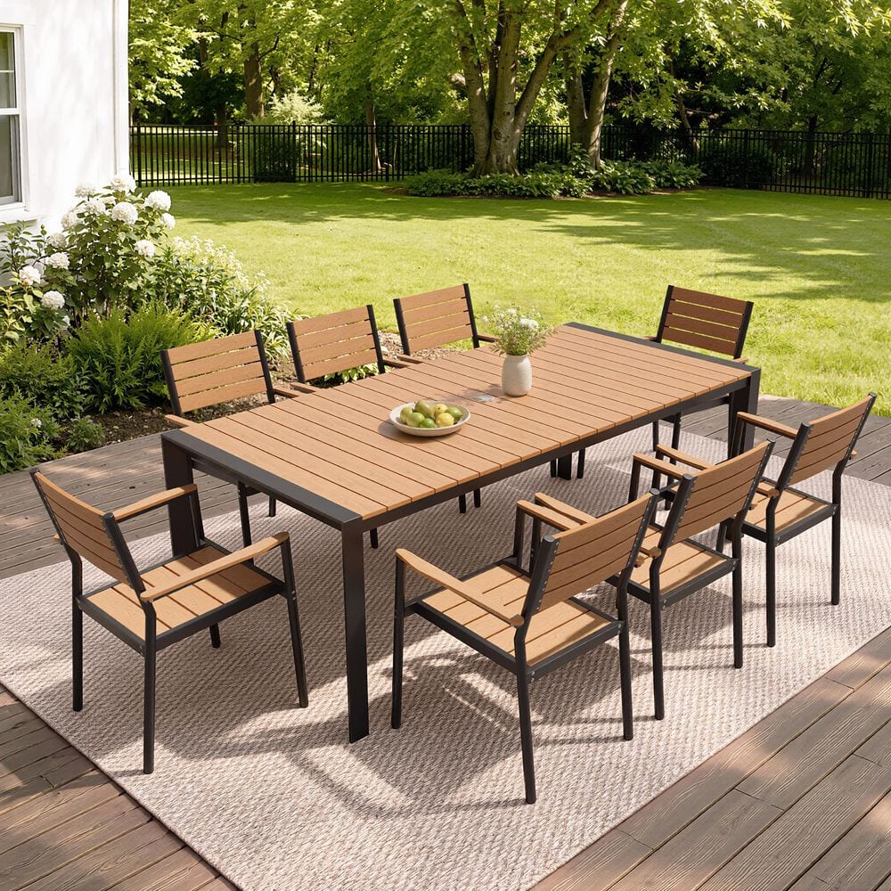 9-Piece Aluminum Outdoor Dining Set with 1.63 in. Umbrella Hole Polywood Dining Table and 10-Stackable Chairs in Brown price history on PriceWatchPro