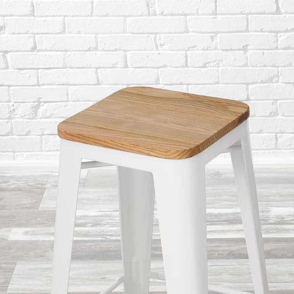 Finwick White Metal Backless Bar Stool with Natural Wood Seat (Set of 2)