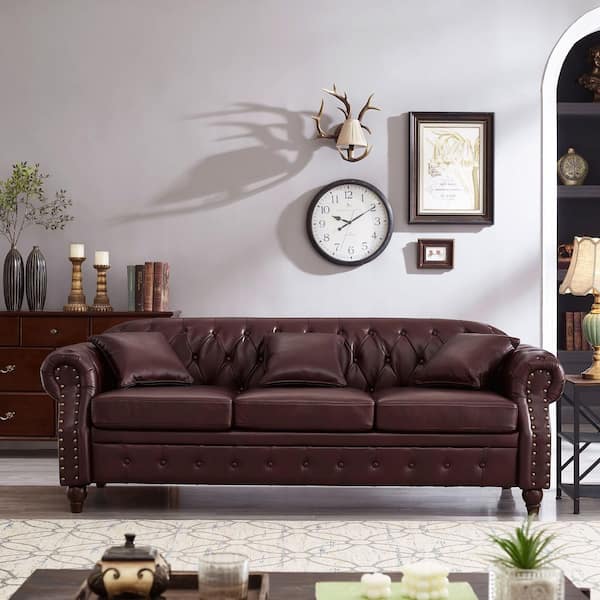 85.8 in. W Flared Arm Faux Leather Classic Curved Sofa in Burgundy, 3-Seater Sofa with Storage