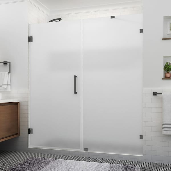 Aston Nautis XL 73.25 to 74.25 in. W x 80 in. H Hinged Frameless Shower Door in Matte Black with Ultra-Bright Frosted Glass