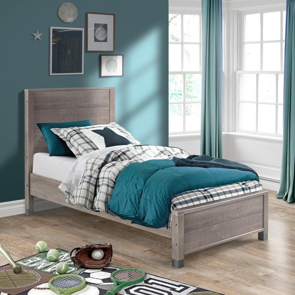 Driftwood Gray Solid Pine Twin Platform Bed with Wood Headboard