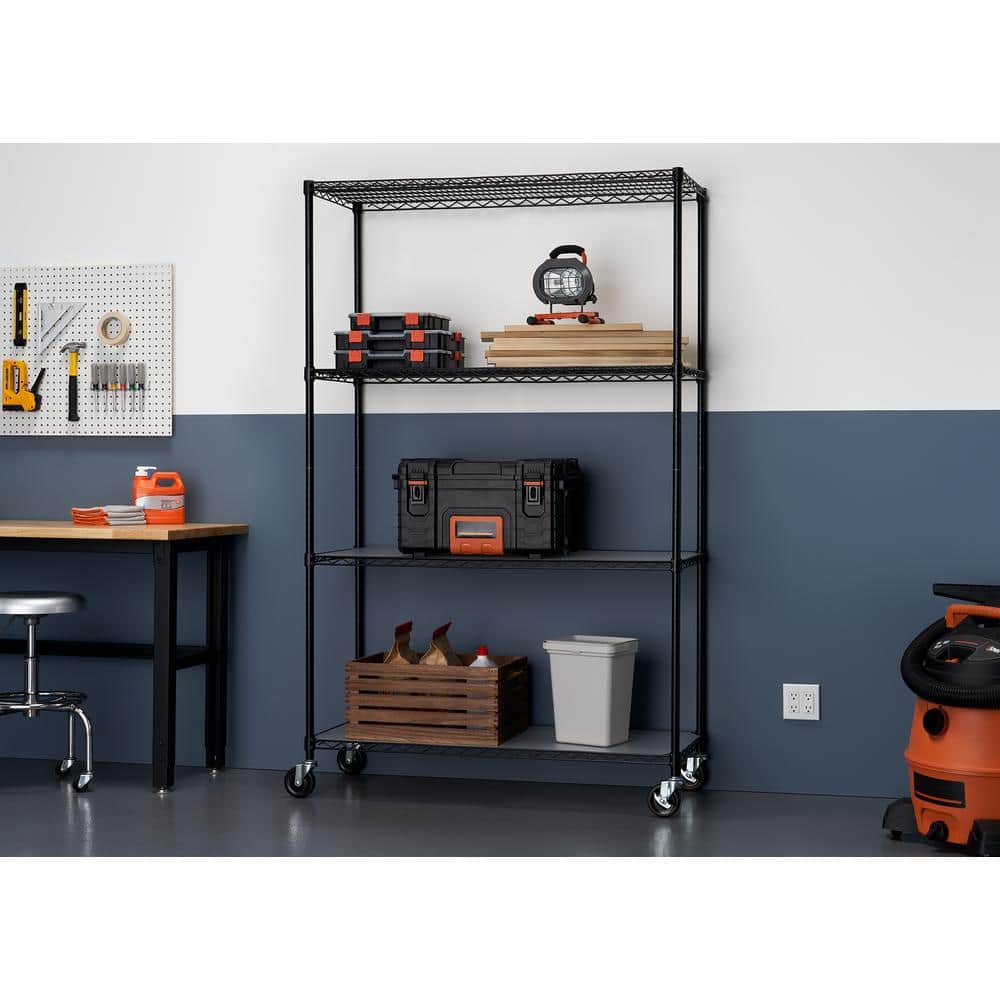 Trinity 4-Tier Black Steel Wire Shelving Unit on Wheels, 48x18x72