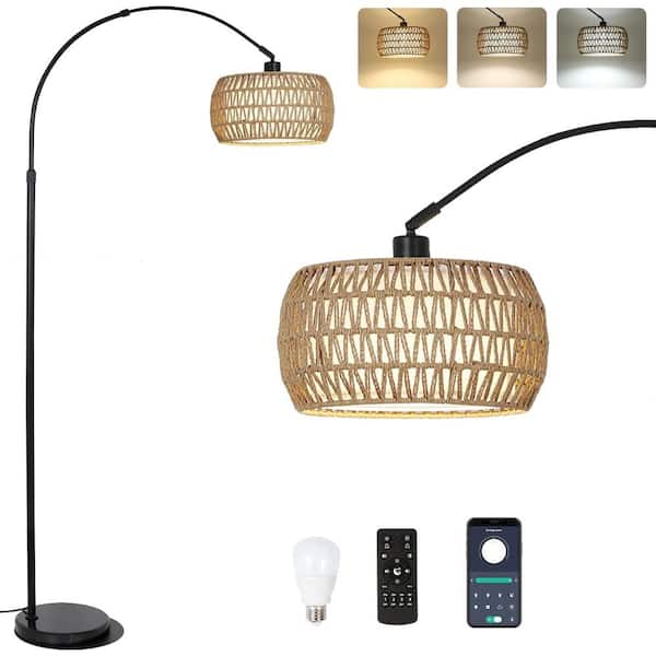 bessten Elaine 64 in. Black Boho 1-Light Smart Dimmable Lantern Floor Lamp for Living Room with Rattan Shade