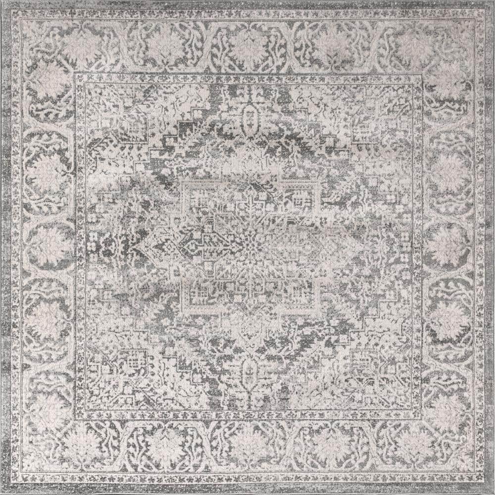 Gray Square Stain-Resistant Synthetic Area Rug