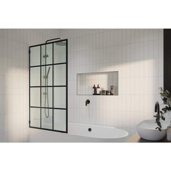 Glass Warehouse 34 in. W x 58.25 in. H Fixed Frameless Tub Door French Monture Noir Single Bath Panel