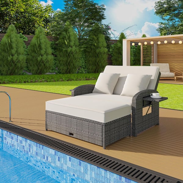 Wicker Outdoor Double Chaise Lounge with White Cushions and Adjustable Back