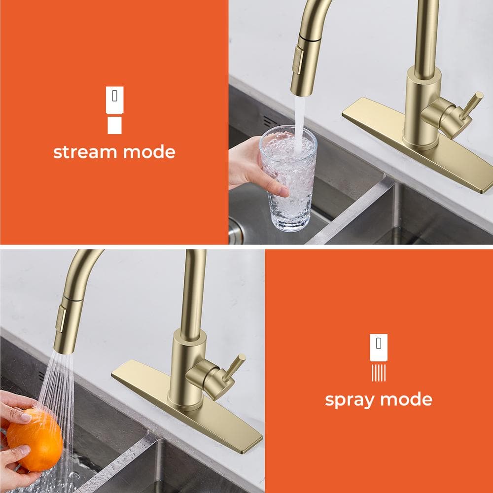 Brushed Gold Stainless Steel Pull Down Kitchen Faucet with Soap Dispenser