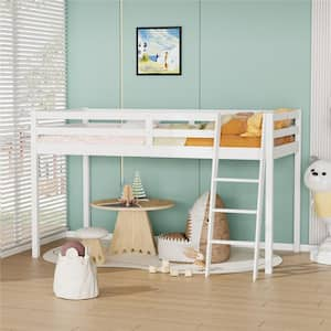 White Wood Full Size Junior Low Loft Bed with Stairs for Adults, Kids and Young Teens