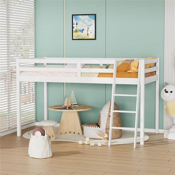 White Wood Twin Size Junior Low Loft Bed with Stairs for Adults, Kids and Young Teens