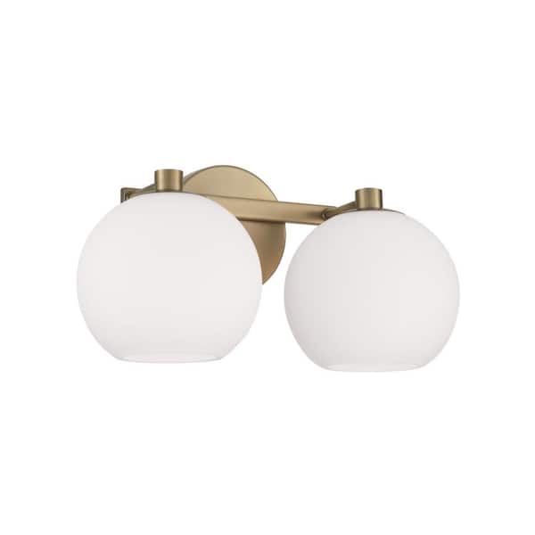 14.75 in. W x 8 in. H 2-Light Circular Globe Vanity Light in Aged Brass with Soft White Glass
