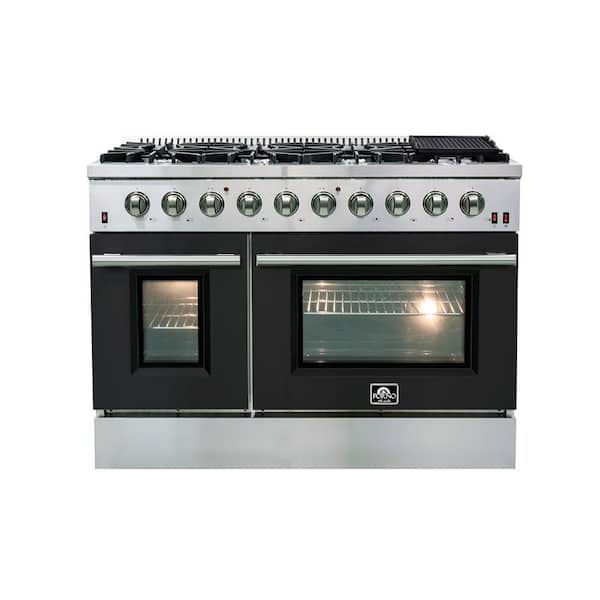 Forno 48 in. 6.58 cu. ft. Freestanding Double Oven Gas Range with 8 Italian Burners in. Stainless Steel with Black Door