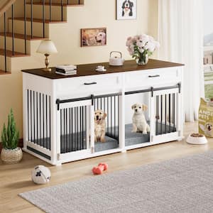 Wooden Dog Crate Furniture Dog Kennel Doghouse Accent Storage Cabinet with 2-Drawers and Divider