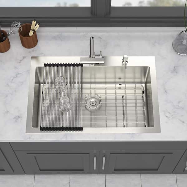 30 in. Drop-In Single Bowl 16-Gauge Brushed Nickel Stainless Steel Kitchen Sink with Faucet and Bottom Grids