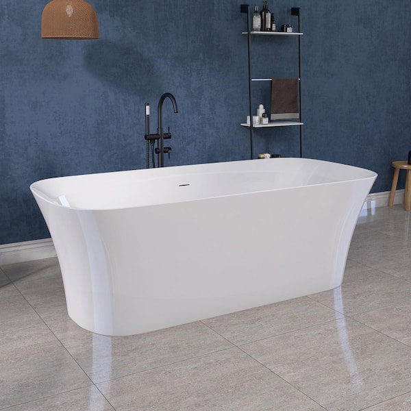 Zeafive 67 in. x 30.71 in. Rectangular Soaking Bathtub Flatbottom Free Standing Bathroom Tub Chrome Anti-Clogging Drain in White