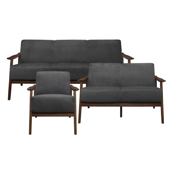 Lazzara Lonita 73 in. W. Straight Arm Velvet Rectangle 3-Piece Living Room Sofa Set in Dark Gray