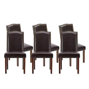 Brown Leather Upholstery Parsons Dining Accent Chair with Nailhead Trim Set of 6