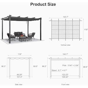10 ft. x 12 ft. Gray Outdoor Retractable Modern Yard Metal Grape Trellis Pergola with Canopy for Garden Grill - Gray
