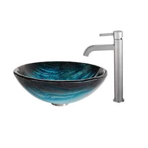 Ladon Glass Vessel Sink in Blue with Ramus Faucet in Satin Nickel
