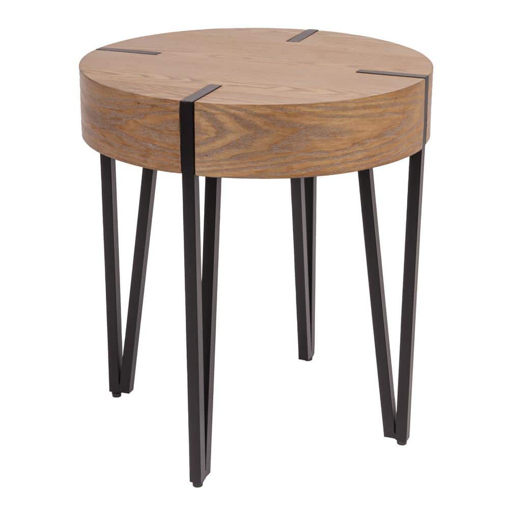 Natural Wood Round End Table with Black Metal Hairpin Legs